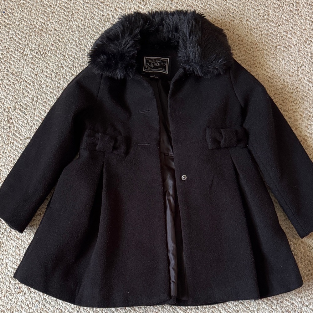 Rothschild Black Pea Coat with Faux Fur Collar